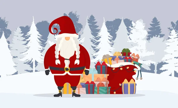 Санта Клаус Зимнем Лесу Рождественская Открытка Векторная Иллюстрация — стоковый вектор