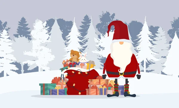 Père Noël Dans Forêt Hiver Une Montagne Cadeaux Sac Rouge — Image vectorielle