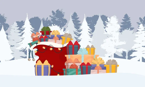 Vacker Nuvarande Låda Med Överväldigande Båge Jul Santa Presentpåse Full — Stock vektor