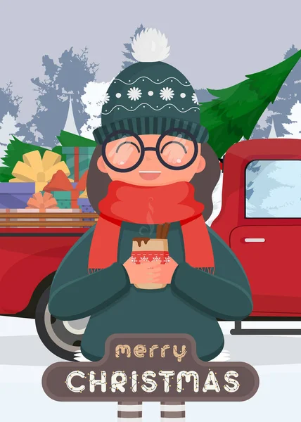 크리스마스 선물로 엽서보내 눈덮인 소녀는 선물과 나무가 자동차 뒤에서 뜨거운 — 스톡 벡터