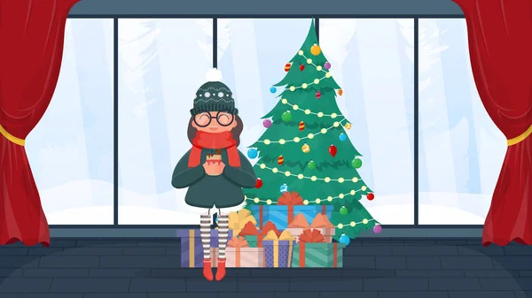 눈덮인 소녀는 소나무와 선물을 배경으로 뜨거운 음료를 마신다 겨울옷을 여자가 — 스톡 벡터