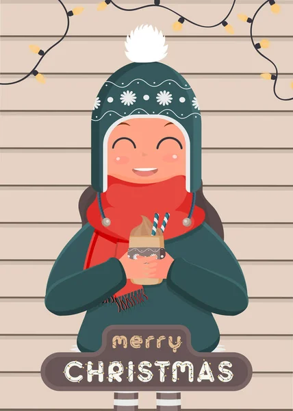 Carte Postale Joyeux Noël Une Fille Avec Des Vêtements Chauds — Image vectorielle