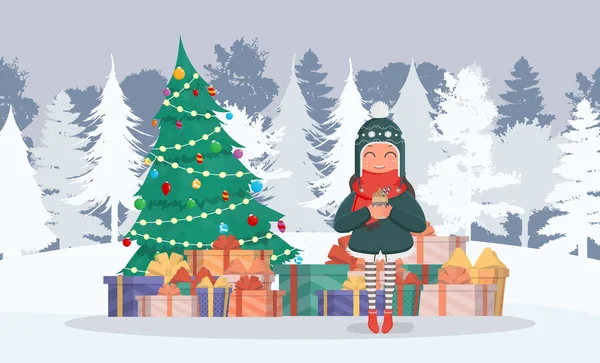 Cartão Postal Feliz Natal Uma Menina Uma Floresta Nevada Bebe — Vetor de Stock