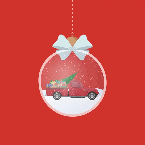 Прозорий Срібний Різдвяний Червоним Автомобілем Подарунками Ялинкою Всередині Червоному Тлі — стоковий вектор
