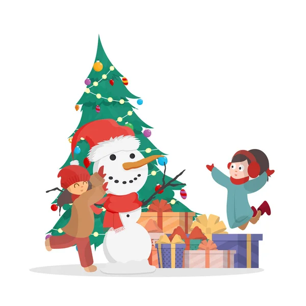 Çocuklar Bir Noel Ağacının Arka Planında Kardan Adam Heykeli Yapıyor — Stok Vektör