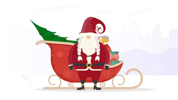 Santa Claus Con Trineos Rojos Los Trineos Los Regalos Año — Vector de stock