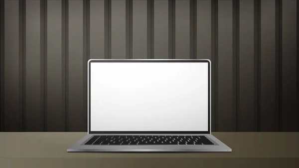 Ein Laptop Mit Weißem Bildschirm Liegt Auf Dem Tisch Gestreifter — Stockvektor