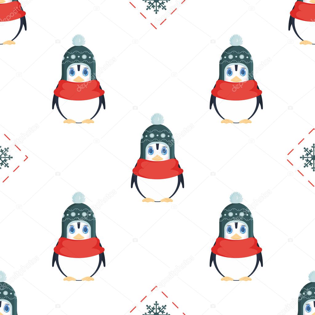 Seamless pattern with cute penguin in a winter hat and a red scarf. Baby penguin with cute look. Suitable for postcards, wrapping paper, books and posters. Vector illustration.