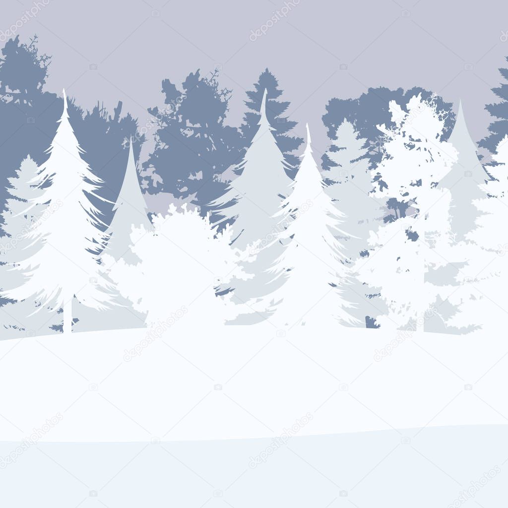 Snowy forest in a flat style. Winter in the forest background. Square postcard. Vector illustration.