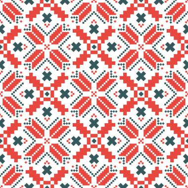 Ukraynalı, Belarus nakışlı vektör dikişsiz desen, halk sanatı Vyshyvanka 'nın işlediği çapraz dikiş süsü. Doğu Avrupa 'dan Slav süsü, tekrarlanan kırmızı ve siyah süslemeler