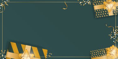 Yeşil arka plan, hediyeler ve mesajlaşma yeri. Poster ya da afiş hazır olsun. Yukarıdan bak. Vektör illüstrasyonu.