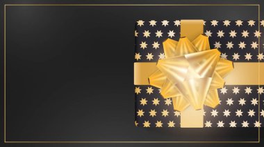 Esmer arka plan, siyah hediye kutusu, altın kurdeleler ve fiyonk. Metin için arkaplanda boşluk var. Yukarıdan bak. Vektör illüstrasyonu