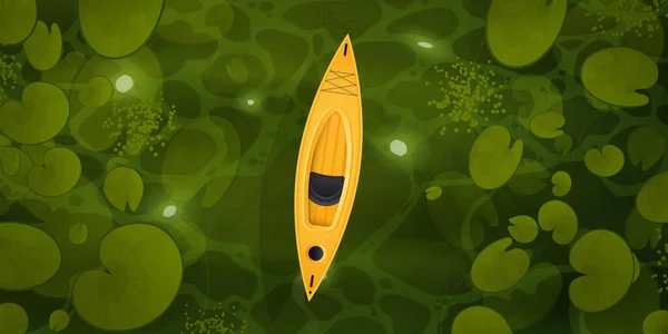 Ein Gelbes Kajak Schwimmt Durch Einen Sumpf Mit Seerosenblättern Draufsicht — Stockvektor