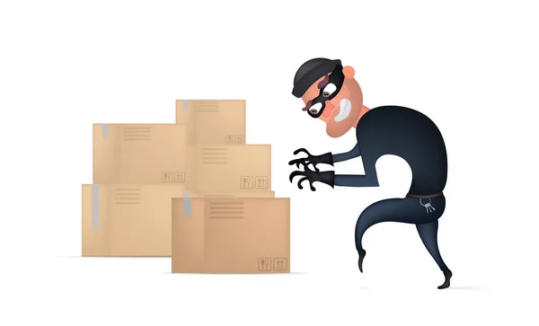 Ladrón Roba Paquetes Oficina Correos Hombre Enmascarado Con Traje Negro — Vector de stock