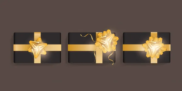 Set Black Gift Boxes Gold Ribbon Bow Beautiful Realistic Gift — Stock Vector