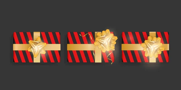 Lot Coffrets Cadeaux Noirs Rayures Rouges Noeuds Ruban Beau Modèle — Image vectorielle
