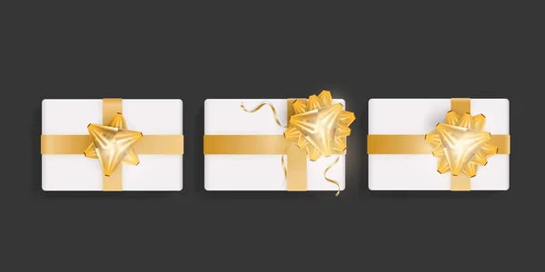 一套白色礼品盒 上面有金丝带弓 漂亮实用的生日礼物盒模板 圣诞节 新年设计 顶部视图向量说明 — 图库矢量图片