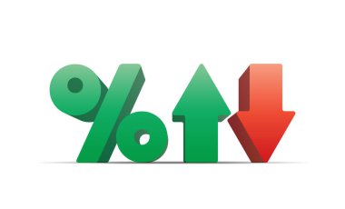 Yukarı ve aşağı oklu yüzdeler beyaz arka planda izole edilmiş. Yüksek kalite 3B görüntüleme.