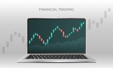 Finansal ticaret afişi. Borsa alıntılarını gösteren bir dizüstü bilgisayar. Borsada yatırım ticareti. Vektör illüstrasyonu.