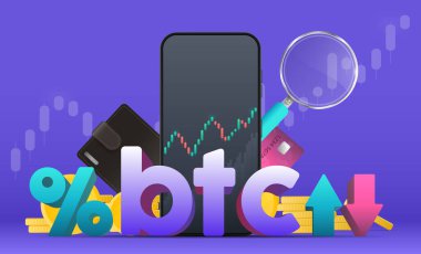 Bitcoin değiş tokuşu. Yukarı ve aşağı oklarla yüzde. Cüzdan, banka kartı, çizelge, büyüteç, telefon. Vektör.