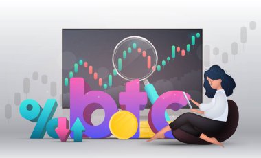 Kız finans piyasasını analiz ediyor. Bitcoin değiş tokuşu. Cüzdan, banka kartı, dosya, büyüteç, monitör. Vektör.