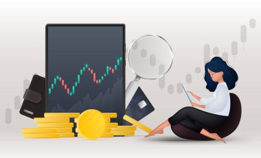 Kız finans piyasasını analiz ediyor. Para trend afişi. Altın sikkeler, cüzdan, banka kartı, büyüteç, tablet, dosya. Vektör.