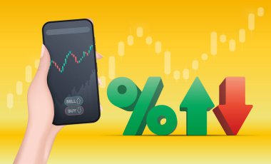 Bir el, büyüme grafiği olan bir telefonu tutar. Finans borsasında ticaret kavramı. Volumetrik gerçekçilik tarzı. Vektör.