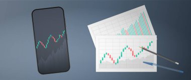 Son model telefon şeması, histogram ve borsa numaraları. İş çizelgeleriyle birlikte mektuplar. Vektör.