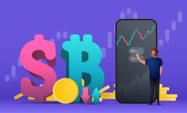 Sancak ticareti. Bir adam bir dolar ya da bitcoin alır. Borsa yatırım ticareti konsepti. Şamdan çizelgesi. Vektör illüstrasyonu.