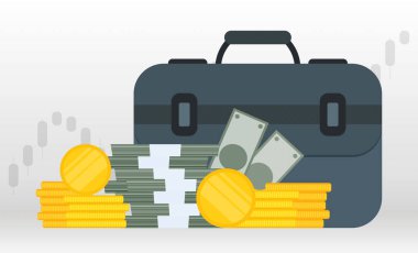 Dolarlar ve altın paralarla dolu bir çanta. İş afişi. Vektör.