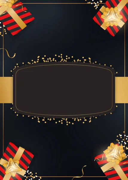 Черный Фон Подарками Местом Текста Реалистичные Подарочные Коробки Золотыми Лентами — стоковый вектор