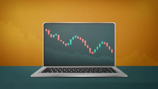 Borsa Alıntılarını Gösteren Bir Dizüstü Bilgisayar Grafik Aşağı Inme Eğilimindedir — Stok Vektör