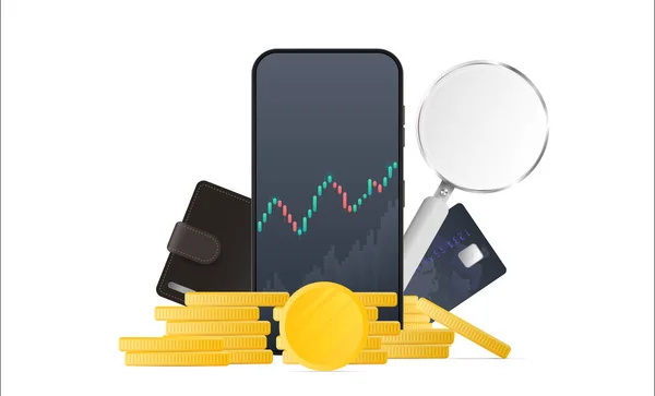 Telefone Exibindo Cotações Mercado Ações Moedas Ouro Cartão Bancário Moeda —  Vetores de Stock