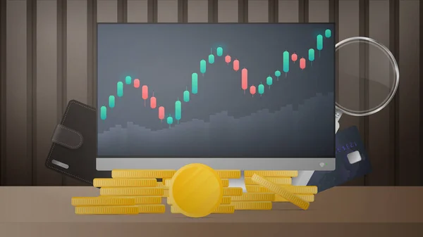 Monitor Met Weergave Van Beursnoteringen Gouden Munten Bankkaart Munt Vergrootglas — Stockvector