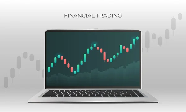 Finansal ticaret afişi. Borsa alıntılarını gösteren bir dizüstü bilgisayar. Borsada yatırım ticareti. Vektör illüstrasyonu.