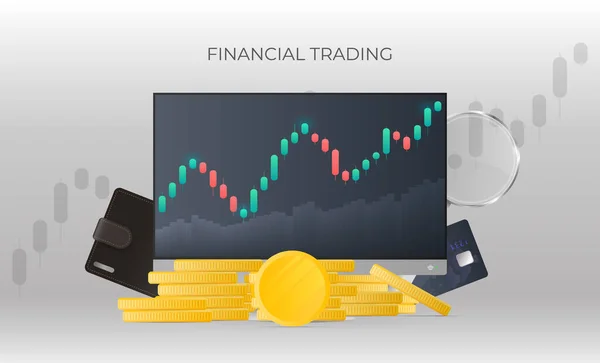 Banner Compras Financeiras Monitor Mostrando Cotações Mercado Ações Moedas Ouro —  Vetores de Stock