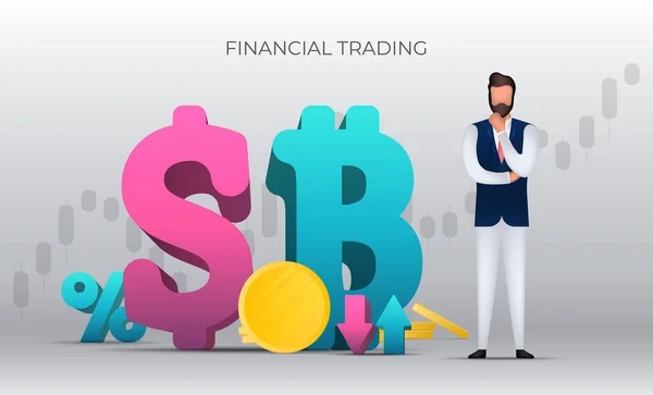 Banner Negociação Financeira Homem Negócios Está Ponderar Uma Ideia Ícone — Vetor de Stock