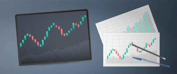 Tablet Met Uptrend Lijn Grafiek Histogram Bull Markt Aandelennummers Briefhoofden — Stockvector