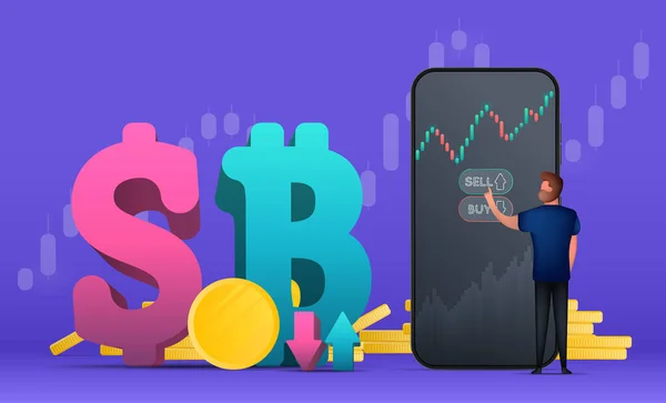 Sancak ticareti. Bir adam bir dolar ya da bitcoin alır. Borsa yatırım ticareti konsepti. Şamdan çizelgesi. Vektör illüstrasyonu.
