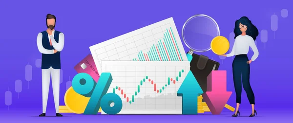 Muži Ženy Jsou Obchodníci Hlavičkové Papíry Obchodními Mapami Uptrend Line — Stockový vektor