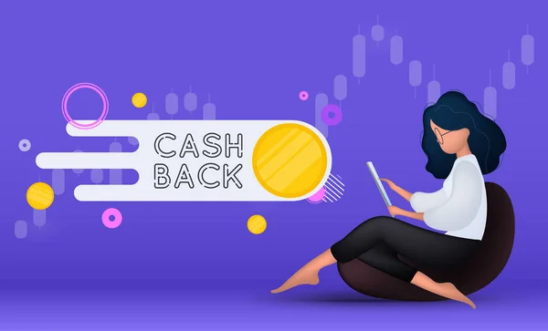 Banner Cashback Púrpura Brillante Chica Sienta Puf Sostiene Una Tableta — Archivo Imágenes Vectoriales