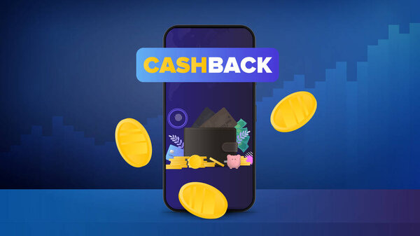 Cashback banner. Gold coins fall near the phone. The concept of earnings. Financial chart. Vector illustration.