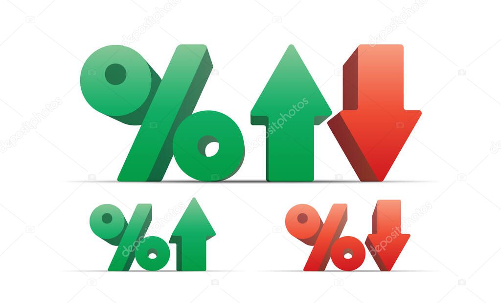 Percentage with up and down arrows isolated on white background. High quality 3D rendering. Vector illustration.