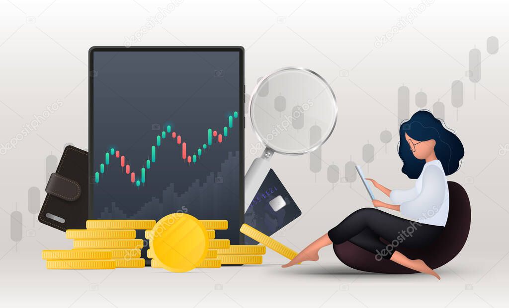The girl analyzes the finance market. Money trending banner. Gold coins, wallet, bank card, magnifier, tablet, chart. Vector.
