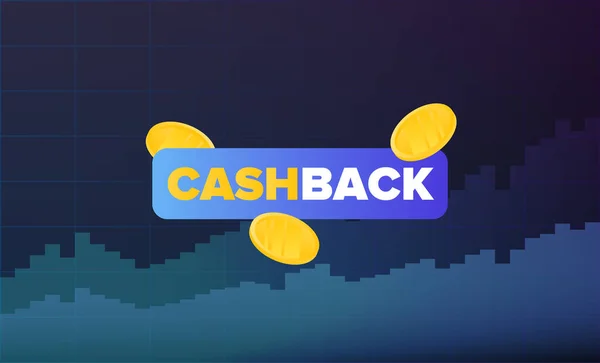 Banner Cashback Logo Nápisem Cashback Letícími Zlatými Mincemi Finanční Diagram — Stockový vektor