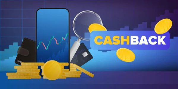Banner Cashback Telefon Burzovními Cenami Zlatými Mincemi Bankovními Kartami Mincemi — Stockový vektor