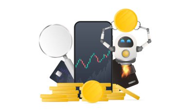 Uçan robot bir cep telefonunun arka planında altın bir para tutuyor. Cüzdan, banka kartı, bozuk para, büyüteç, finansal tablo. Yatırım ve sermaye artırımı kavramı. Vektör.