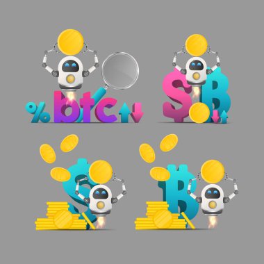Dolar veya bitcoin 'e yatırım yapma konusunda bir dizi kavram. Uçan robotlar. Vektör.