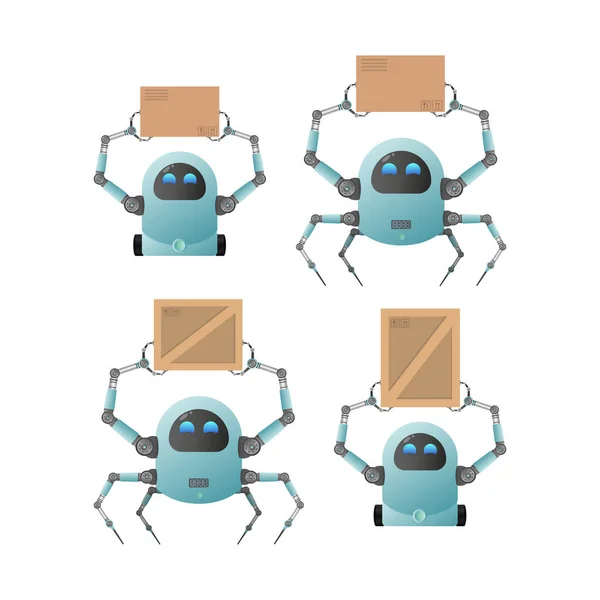 Conjunto Robots Con Cajas Bueno Para Diseño Tema Entrega Productos — Vector de stock