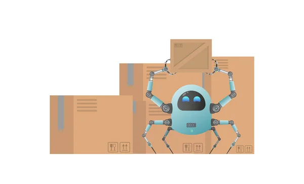 Pequeño Robot Futurista Recoge Paquete Cajas Cartón Concepto Entrega Carga — Vector de stock